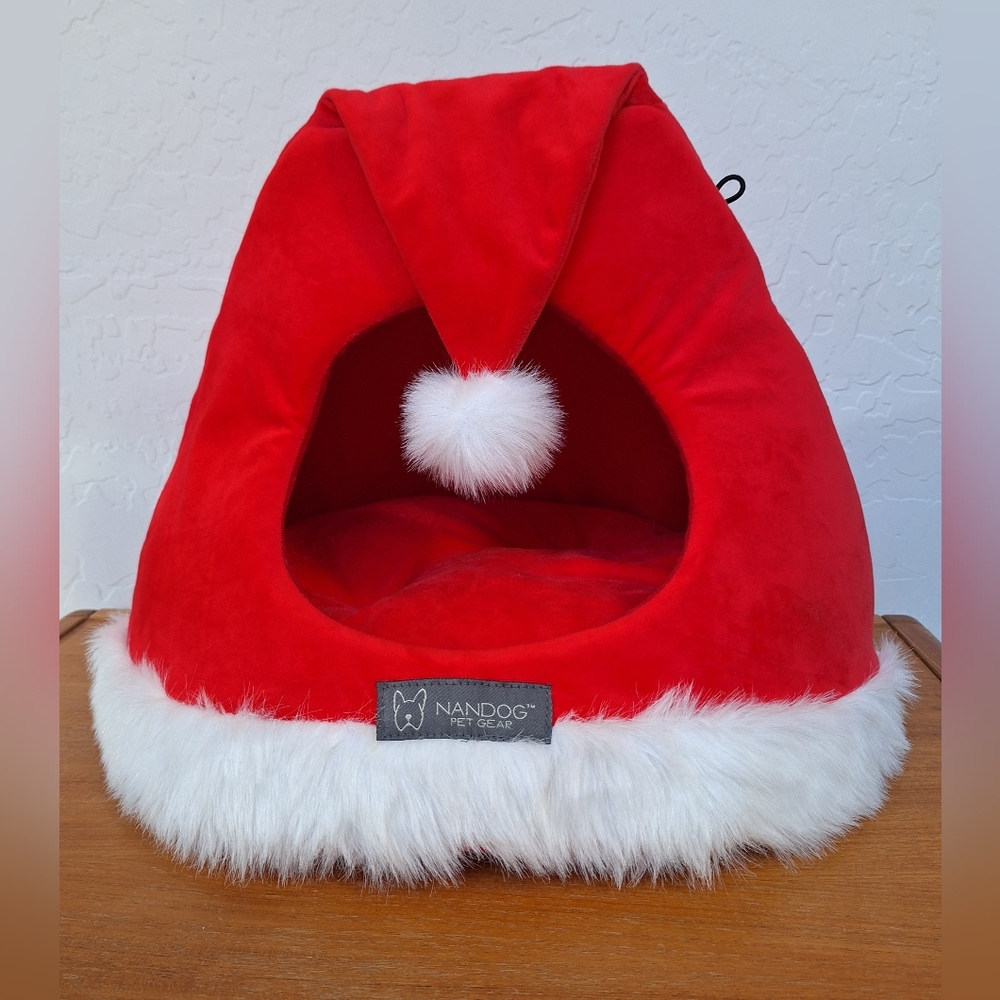 Nandog Santa Hat Dog Bed Christmas Holiday Cat Bed Pom Pom Fur Red